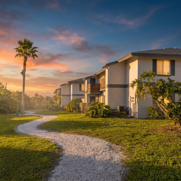 A walkway between the Carillon Bay buildings